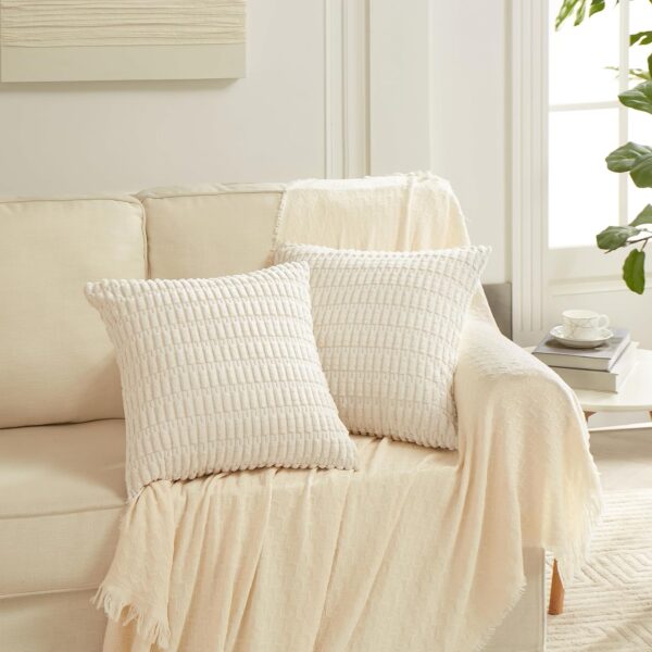 Fancy Homi 4 Packs Neutral Decorative Throw Pillow Covers 18x18 Inch for Living Room Couch Bed Sofa, Rustic Farmhouse Boho Home Decor, Soft Plush Striped Corduroy Square Cushion Case 45x45 cm - Image 7