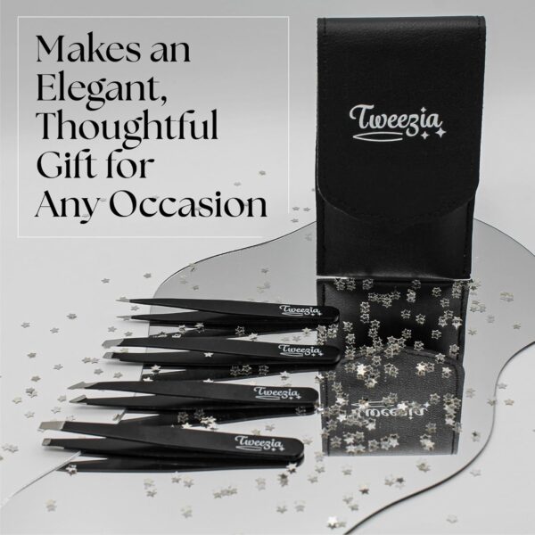 TWEEZIA Stainless Steel Tweezer Set - 4 Precision Tweezers with Mirror & Leather Case - Ideal Eyebrow Kit, Ingrown Hair Tweezers, Splinter Removal Kit or Pointed Tweezers for Beauty and Personal Care - Image 5