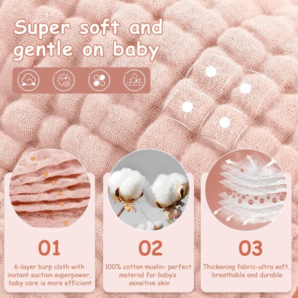 Looxii Muslin Burp Cloths Baby Girl 6 Pack - 20" x 10" - Ultra Soft & Absorbent, 6-Layer 100% Cotton for Spit Up & Drool- Gentle Baby Burping Cloth, Newborn Essentials Shower Gift Girl, Gradient Pink - Image 3