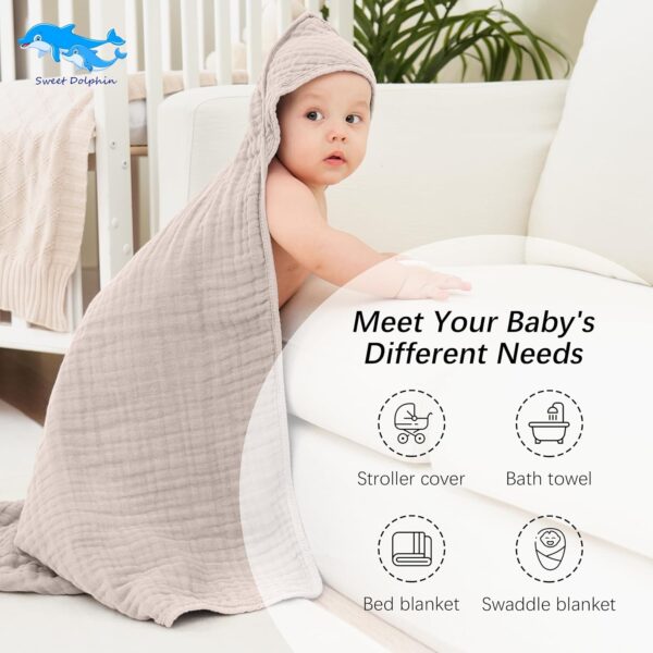 SWEET DOLPHIN Muslin Hooded Baby Bath Towels - 2 Pack 100% Cotton Towel for Babies, Infants, Toddlers - 32x32Inch - Highly Absorbent and Newborn Essential, Light Bean Paste - Image 6