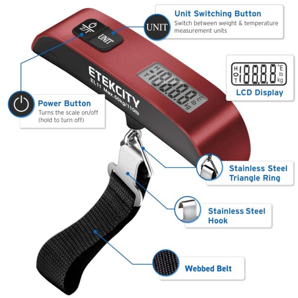 Etekcity Luggage Scale, Digital Weight Scales for Travel Accessories Essentials Suitcases , Portable Handheld Scale with Temperature Sensor, Rubber Paint, 110 Pounds, Battery Included - Image 7