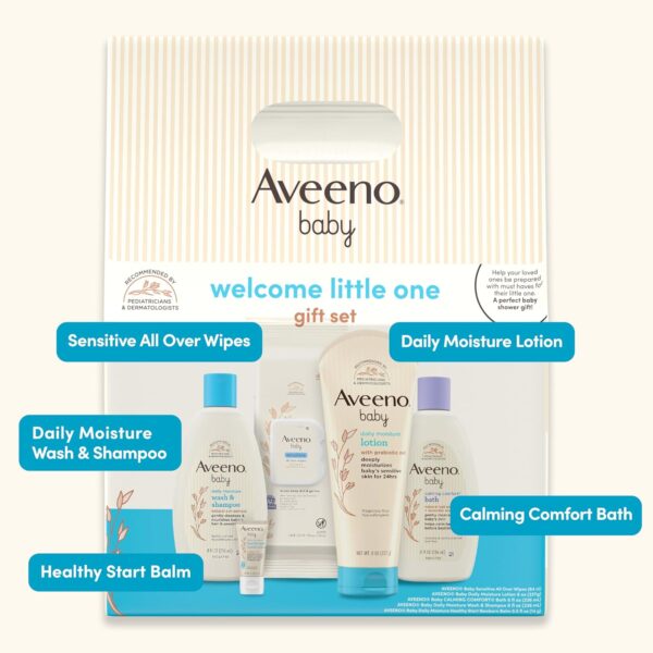 Aveeno Baby Welcome Little One Gift Set, Baby Skincare Set with Nourishing Baby Body Wash & Shampoo, Calming Bath Wash, All Over Baby Wipes, Daily Moisturizing Lotion, & Baby Balm, 5 Items - Image 7