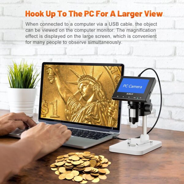 Elikliv Microscope, LCD Digital Coin Microscope 1000x, Coin Magnifier with 8 Adjustable LED Lights, PC View Compatible with Windows/MacBook, EDM4, 4.3-Inch - Image 5