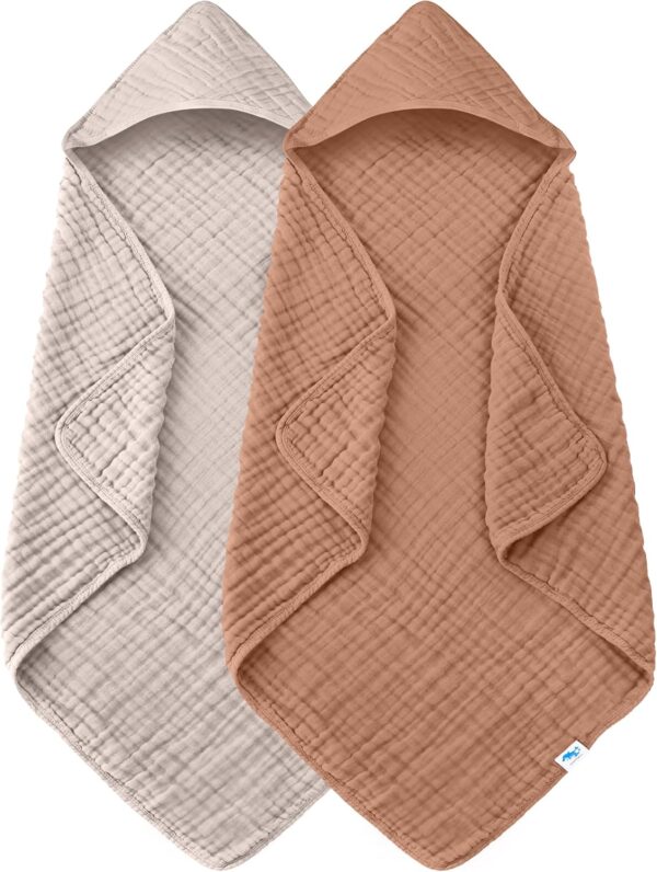 SWEET DOLPHIN Muslin Hooded Baby Bath Towels - 2 Pack 100% Cotton Towel for Babies, Infants, Toddlers - 32x32Inch - Highly Absorbent and Newborn Essential, Light Bean Paste - Image 2