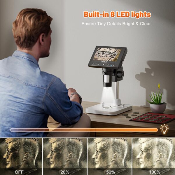 Elikliv Microscope, LCD Digital Coin Microscope 1000x, Coin Magnifier with 8 Adjustable LED Lights, PC View Compatible with Windows/MacBook, EDM4, 4.3-Inch - Image 8
