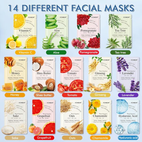 14 Pack Sheet Face Masks Skincare for All Skin Types, Hydrating Face Masks Suitable for Sensitive Skin, Bulk Facial Mask Set for Women Skin Care, Face Mask Gifts Set for Face Spa - Image 4