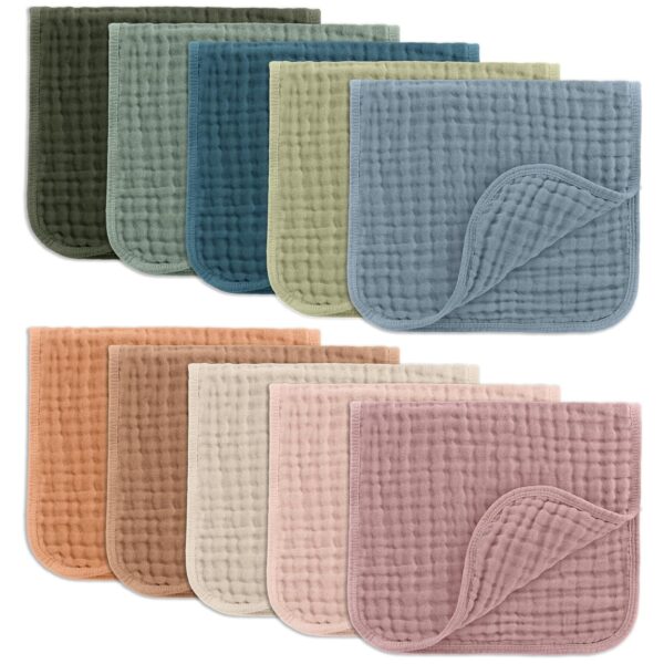 Comfy Cubs Muslin Burp Cloths 20" x 10", Pack of 10 - Large, 6-Layer, Ultra Absorbent 100% Cotton for Baby Drool and Messes - Soft, Safe & Gentle Baby Burp Cloths for Boys & Girls - Multi - Image 2