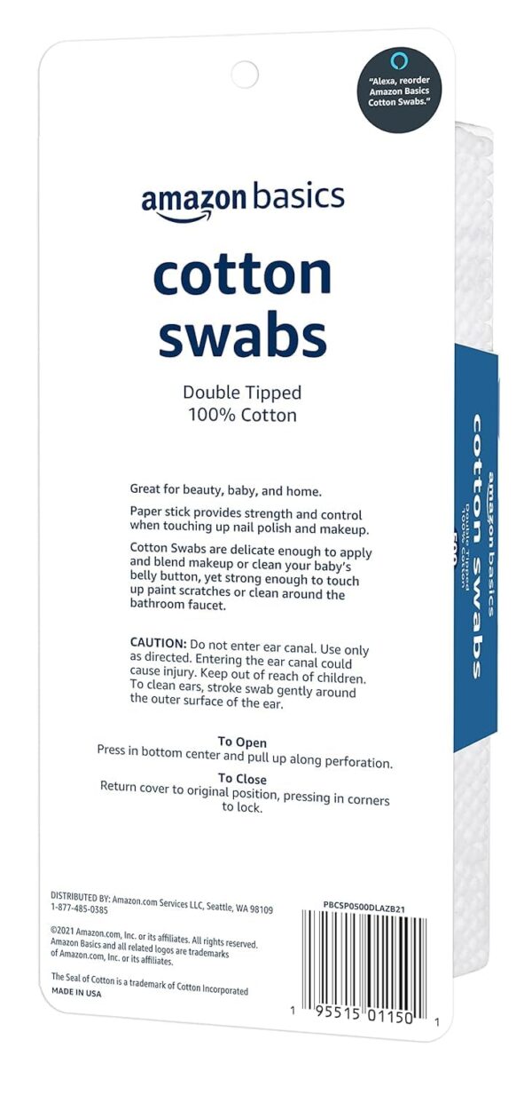 Amazon Basics Cotton Swabs for Personal Hygiene and Baby Care, 2000 Count, 4 Pack of 500 Count - Image 3