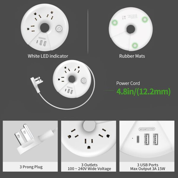 Travel Power Strip, NTONPOWER 3 Outlets 3 USB(1 USB C) Cruise Approved Power Strip, Short Extension Cord 3ft, Travel Essentials for Home, Hotels, Cruise Ship, Vacation, White, i-Donut Power Strip - Image 8