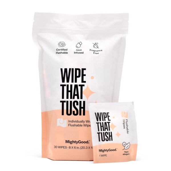 Wipe That Tush On-The-Go Flushable Wet Wipes - 1 Pack, 30 Wipes - Individually Wrapped Extra-Large Wipes with Aloe - Hypoallergenic & Unscented - Septic and Sewer Safe - Image 2
