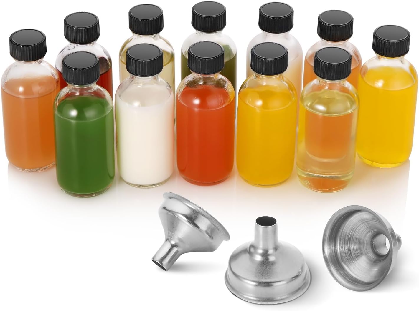 12 Pack, 2 oz Small Clear Glass Bottles w/Lid & 3 Funnels - 60ml Boston Shot Bottles for Health, Immunity, Potion, Wellness, Sample, Ginger, Juice - Mini Personal Care & Beauty Travel Bottle - Image 9
