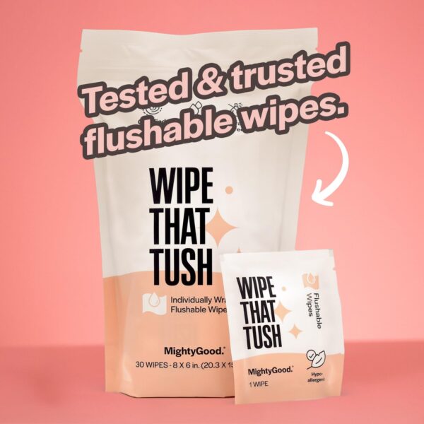 Wipe That Tush On-The-Go Flushable Wet Wipes - 1 Pack, 30 Wipes - Individually Wrapped Extra-Large Wipes with Aloe - Hypoallergenic & Unscented - Septic and Sewer Safe - Image 8