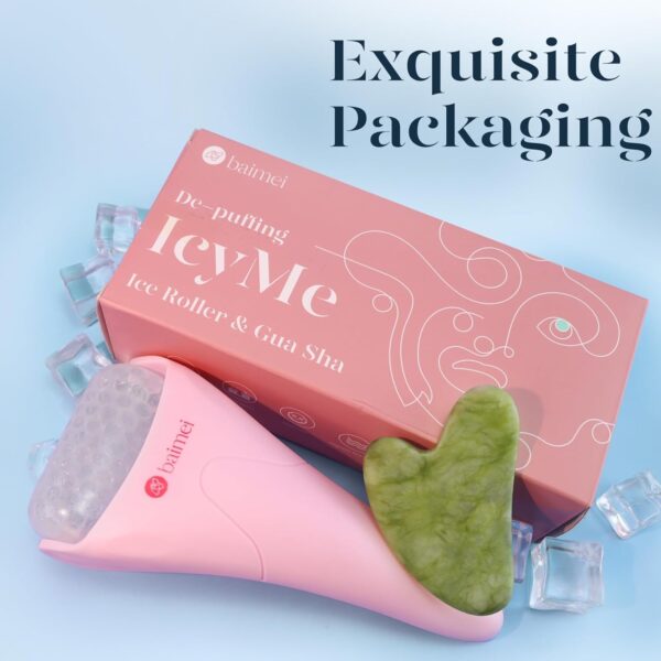 BAIMEI IcyMe Ice Roller for Face and Gua Sha Facial Tool Set, Ice Face Roller Reduces Puffiness Relieves Migraines Skin Care Tools, Self Care Gift for Women - Pink - Image 7