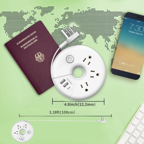 Travel Power Strip, NTONPOWER 3 Outlets 3 USB(1 USB C) Cruise Approved Power Strip, Short Extension Cord 3ft, Travel Essentials for Home, Hotels, Cruise Ship, Vacation, White, i-Donut Power Strip - Image 3