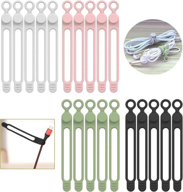 [20Park]UMUST Silicone Cable Ties,Reusable Cable Management Organizer, Multipurpose Elastic Cord Organizer for Bundling and Fastening Cable Cords Wires(black,white,pink,green) - Image 2