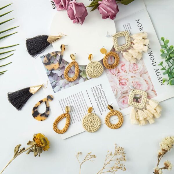 Ponpon 6-18 Pairs Earrings for Women, Lightweight Summer Earrings Straw Earrings Fashion Geometric Statement Hoop Dangle Drop Earrings for Women - Image 4