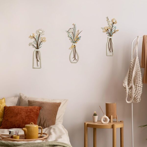 Pigort 3 Pieces Metal Flowers Wall Arts - Rustic Farmhouse Decor Beige Minimalist Flower Wall Decors for Living room Bathroom Bedroom Dining Room-Housewarming Gifts (Beige, Vase-C) - Image 6
