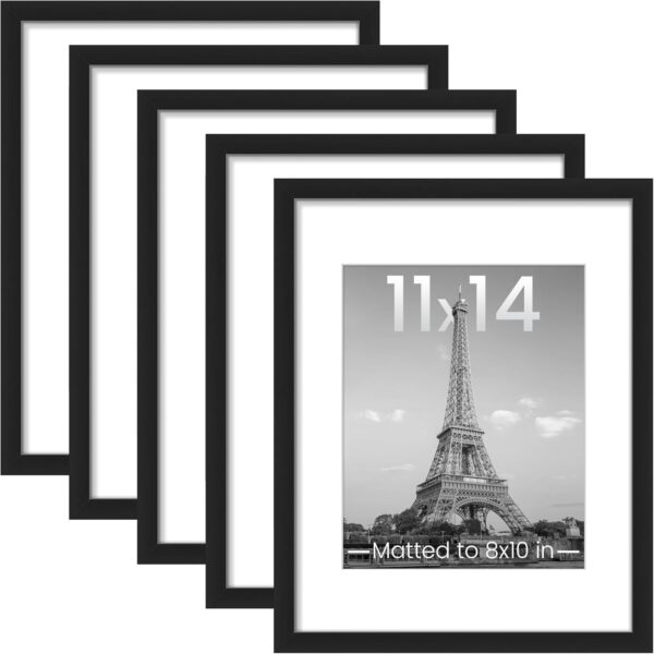 upsimples 11x14 Picture Frame Set of 5, Display Pictures 8x10 with Mat or 11x14 Without Mat, Wall Gallery Photo Frames, Black - Image 2