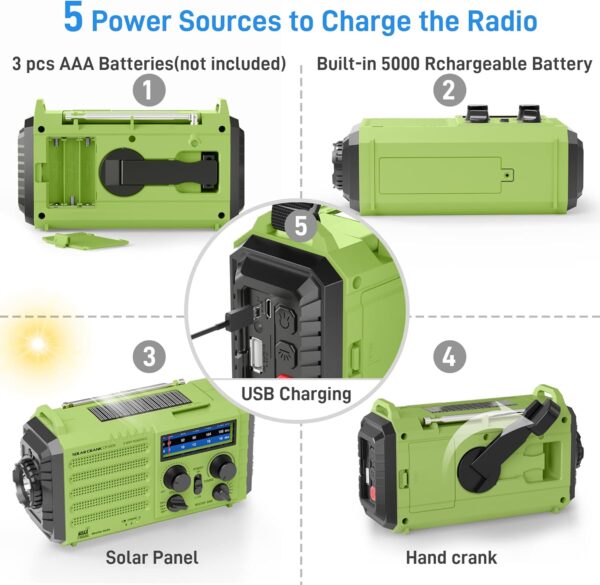 NOAA Weather Radio, Emergency Hand Crank Radio with Solar Charger, Portable Battery Operated AM FM Shortwave Radio with LED Flashlight, USB Charger, Earbud Jack, SOS Alert for Home Survival Hurricane - Image 5