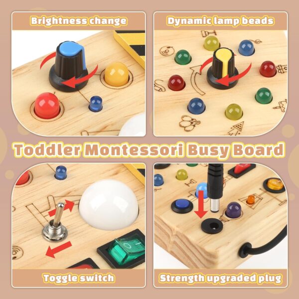 Joyreal Montessori Busy Board Wooden Sensory Toys for Toddler with LED Light Up Switch, Baby Fidget Board Travel Toys for 18+ Months, 1 2 3 Year Old Boys Girls Toddler Toy Gifts (Classic) - Image 4