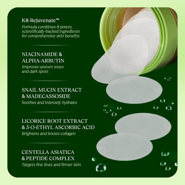 Toning Polish Pads - Korean Skincare for Dark Spots, Wrinkles & Dull Skin - Hydrating Facial Treatment with Snail Mucin, Niacinamide, Peptides & Centella - 100 Count - Image 5