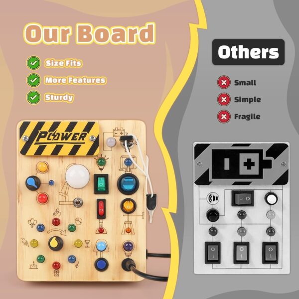 Joyreal Montessori Busy Board Wooden Sensory Toys for Toddler with LED Light Up Switch, Baby Fidget Board Travel Toys for 18+ Months, 1 2 3 Year Old Boys Girls Toddler Toy Gifts (Classic) - Image 5