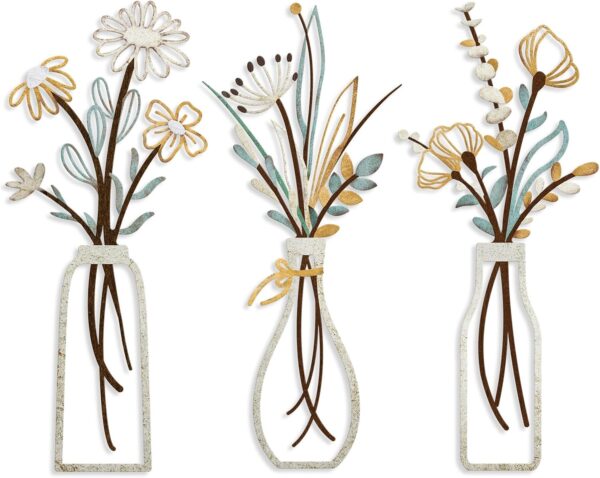 Pigort 3 Pieces Metal Flowers Wall Arts - Rustic Farmhouse Decor Beige Minimalist Flower Wall Decors for Living room Bathroom Bedroom Dining Room-Housewarming Gifts (Beige, Vase-C) - Image 2