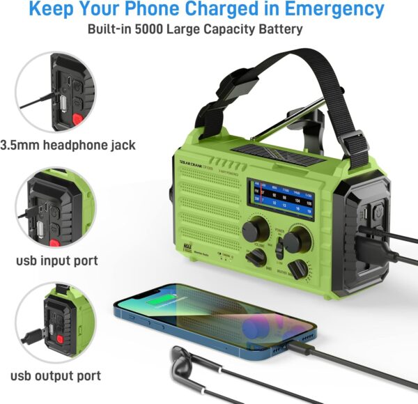 NOAA Weather Radio, Emergency Hand Crank Radio with Solar Charger, Portable Battery Operated AM FM Shortwave Radio with LED Flashlight, USB Charger, Earbud Jack, SOS Alert for Home Survival Hurricane - Image 6