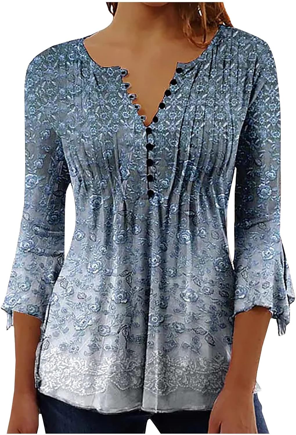 Summer Tops for Women 2024 Trendy Boho Floral Print Tunic Shirts 3/4 Bell Sleeve Button v Neck Tshirt Casual Loose Blouse - Image 2
