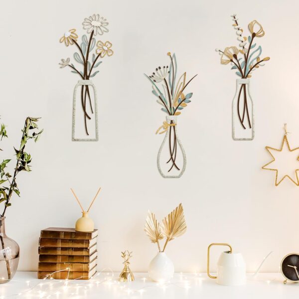 Pigort 3 Pieces Metal Flowers Wall Arts - Rustic Farmhouse Decor Beige Minimalist Flower Wall Decors for Living room Bathroom Bedroom Dining Room-Housewarming Gifts (Beige, Vase-C) - Image 7