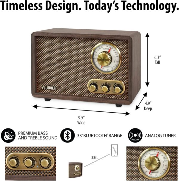 Victrola Willow – Retro Wood Bluetooth Radio with Built-in Speakers: Elegant & Vintage Design, Rotary AM/FM Tuning Dial, Bass & Treble Control, Wireless Streaming (Espresso) - Image 6