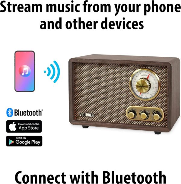 Victrola Willow – Retro Wood Bluetooth Radio with Built-in Speakers: Elegant & Vintage Design, Rotary AM/FM Tuning Dial, Bass & Treble Control, Wireless Streaming (Espresso) - Image 4