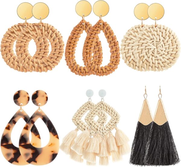 Ponpon 6-18 Pairs Earrings for Women, Lightweight Summer Earrings Straw Earrings Fashion Geometric Statement Hoop Dangle Drop Earrings for Women - Image 2