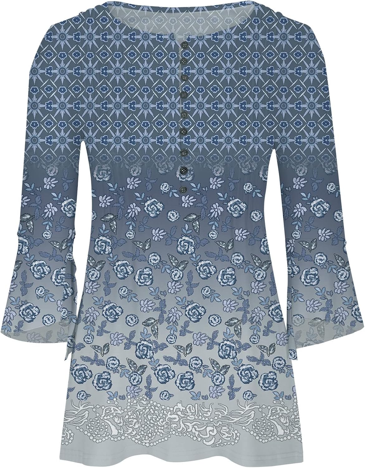 Summer Tops for Women 2024 Trendy Boho Floral Print Tunic Shirts 3/4 Bell Sleeve Button v Neck Tshirt Casual Loose Blouse - Image 5