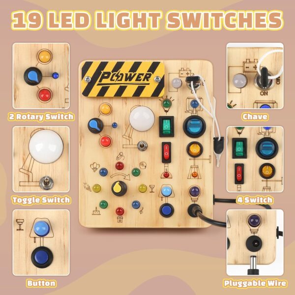 Joyreal Montessori Busy Board Wooden Sensory Toys for Toddler with LED Light Up Switch, Baby Fidget Board Travel Toys for 18+ Months, 1 2 3 Year Old Boys Girls Toddler Toy Gifts (Classic) - Image 3