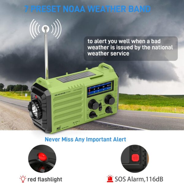 NOAA Weather Radio, Emergency Hand Crank Radio with Solar Charger, Portable Battery Operated AM FM Shortwave Radio with LED Flashlight, USB Charger, Earbud Jack, SOS Alert for Home Survival Hurricane - Image 3