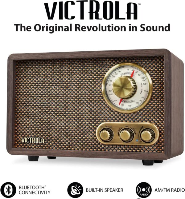 Victrola Willow – Retro Wood Bluetooth Radio with Built-in Speakers: Elegant & Vintage Design, Rotary AM/FM Tuning Dial, Bass & Treble Control, Wireless Streaming (Espresso) - Image 5