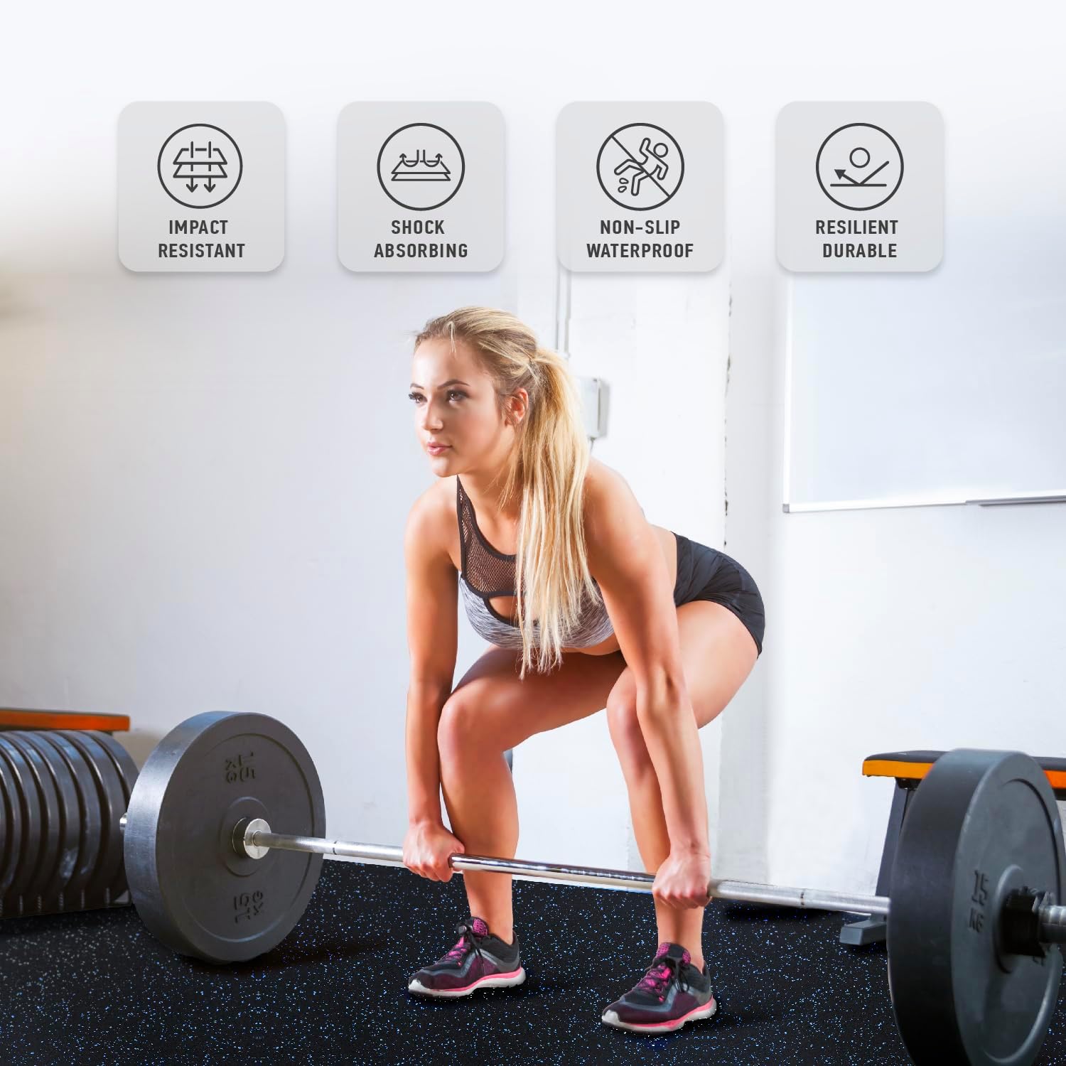 AIRHOP 0.56in Thick 24 Sq Ft Exercise Equipment Mats, 6 Tiles Upgraded Rubber Top with High Density EVA Foam, Large Interlocking Puzzle Gym Flooring for Home Gym, Heavy Weight Workout,Black & Blue - Image 7