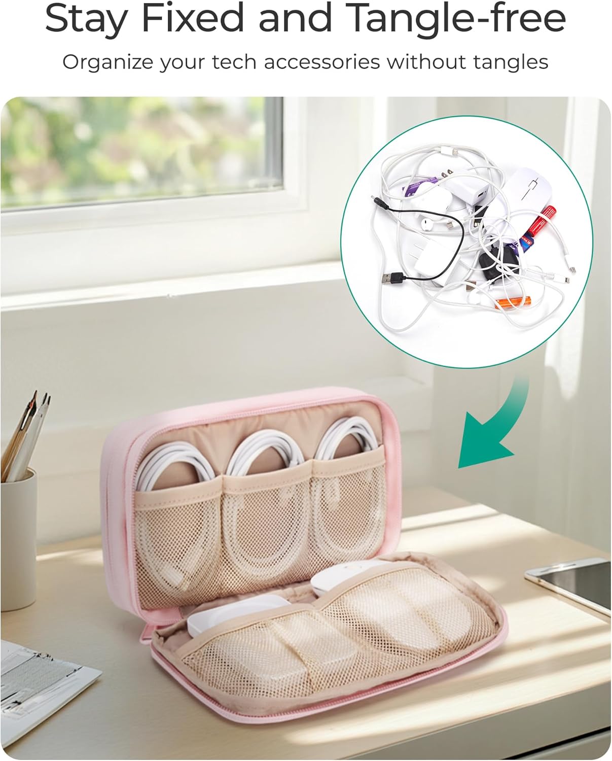 BAGSMART Electronics Organizer Travel Case, Cord Storage for Chargers Cables Phones, Compact Tech Accessories Pouch, Pink - Image 4