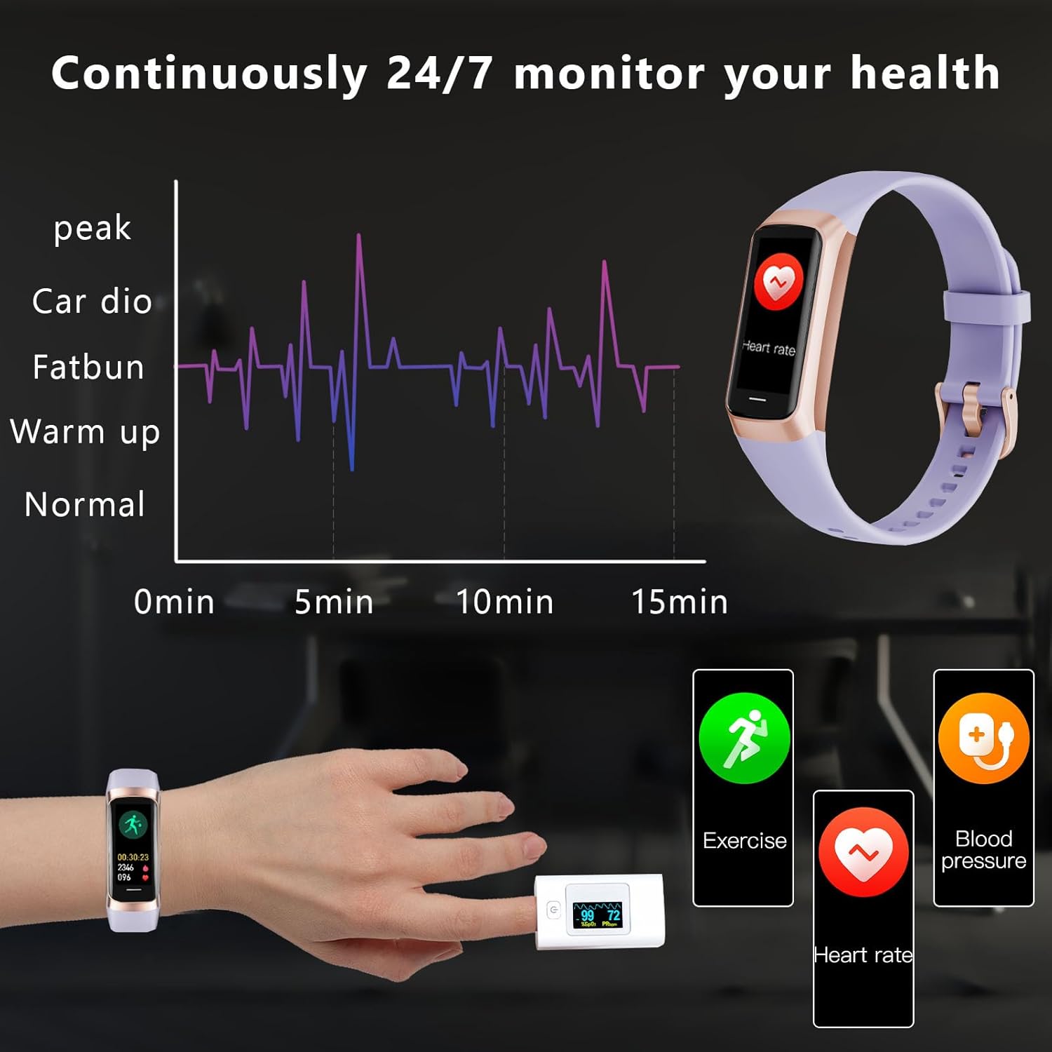 Fitness Tracker with 24/7 Heart Rate Blood Oxygen Sleep Monitor,Activity Tracker with 1.1" AMOLED Touch Color Screen, Multiple Sport Modes Step Counter,IP68 Waterproof for Women Men (Purple) - Image 8