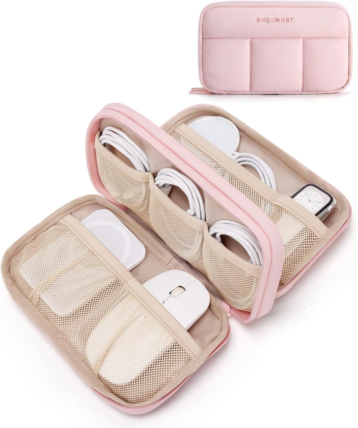 BAGSMART Electronics Organizer Travel Case, Cord Storage for Chargers Cables Phones, Compact Tech Accessories Pouch, Pink - Image 2