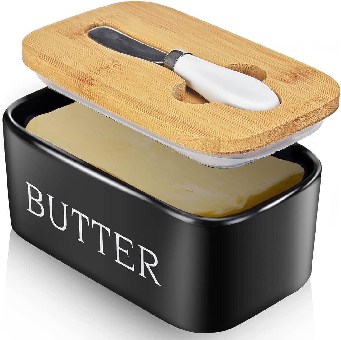 Butter Dish with Lid, Large Butter Dish for Countertop, Ceramic Butter Keeper Container with Knife and High-Quality Silicone Sealing Butter Box for Home Decor Good Kitchen Gift Black - Image 2