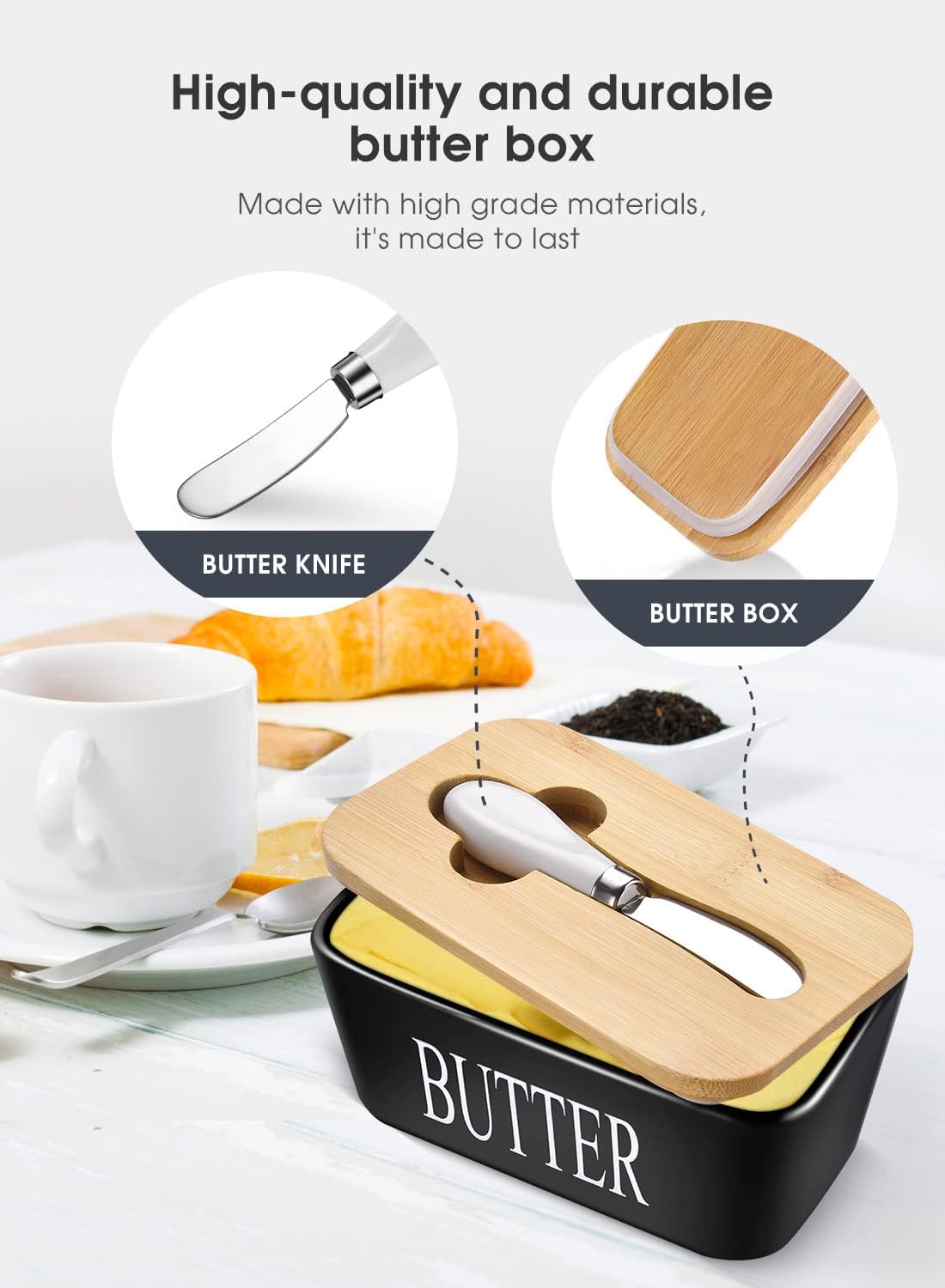 Butter Dish with Lid, Large Butter Dish for Countertop, Ceramic Butter Keeper Container with Knife and High-Quality Silicone Sealing Butter Box for Home Decor Good Kitchen Gift Black - Image 5