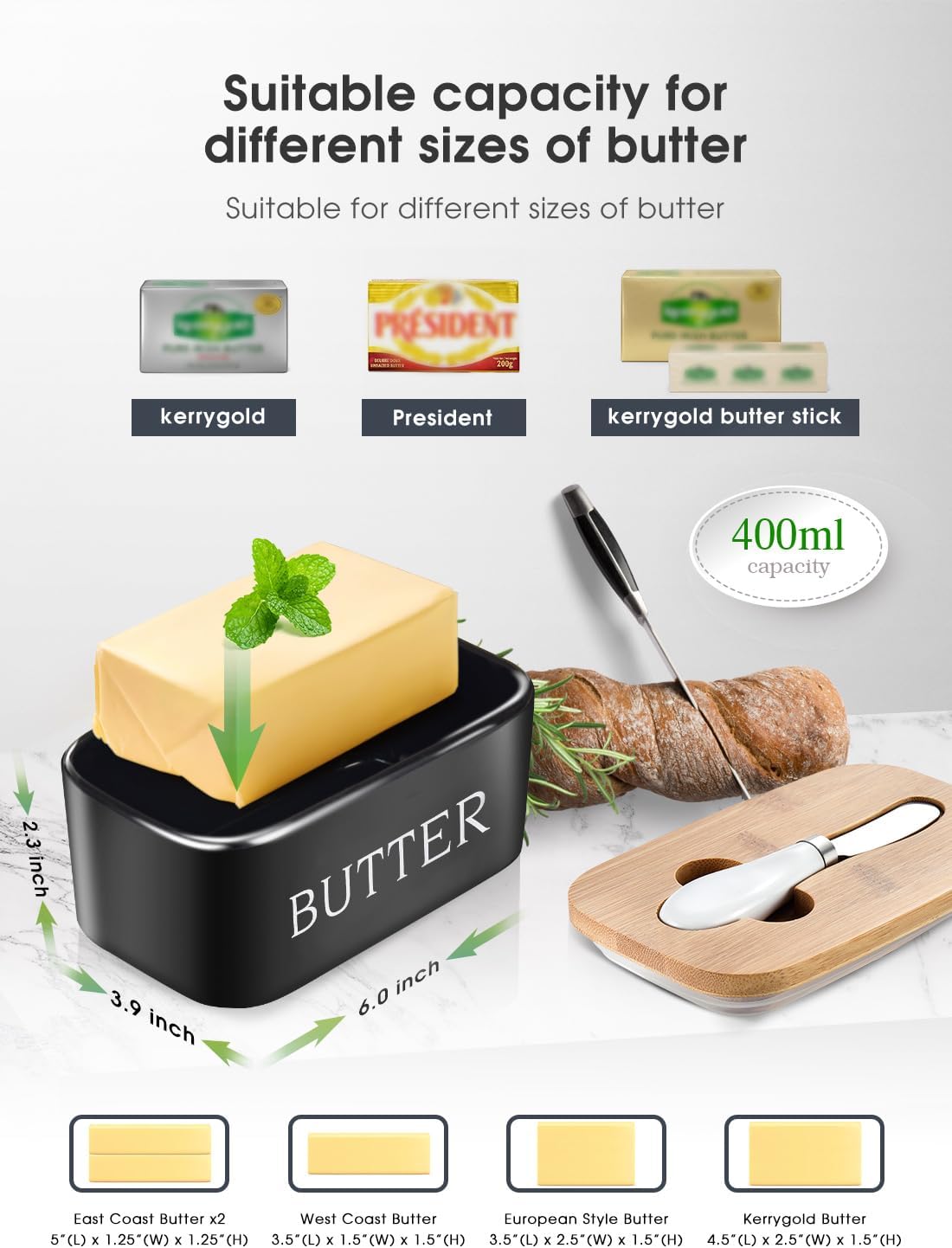 Butter Dish with Lid, Large Butter Dish for Countertop, Ceramic Butter Keeper Container with Knife and High-Quality Silicone Sealing Butter Box for Home Decor Good Kitchen Gift Black - Image 3