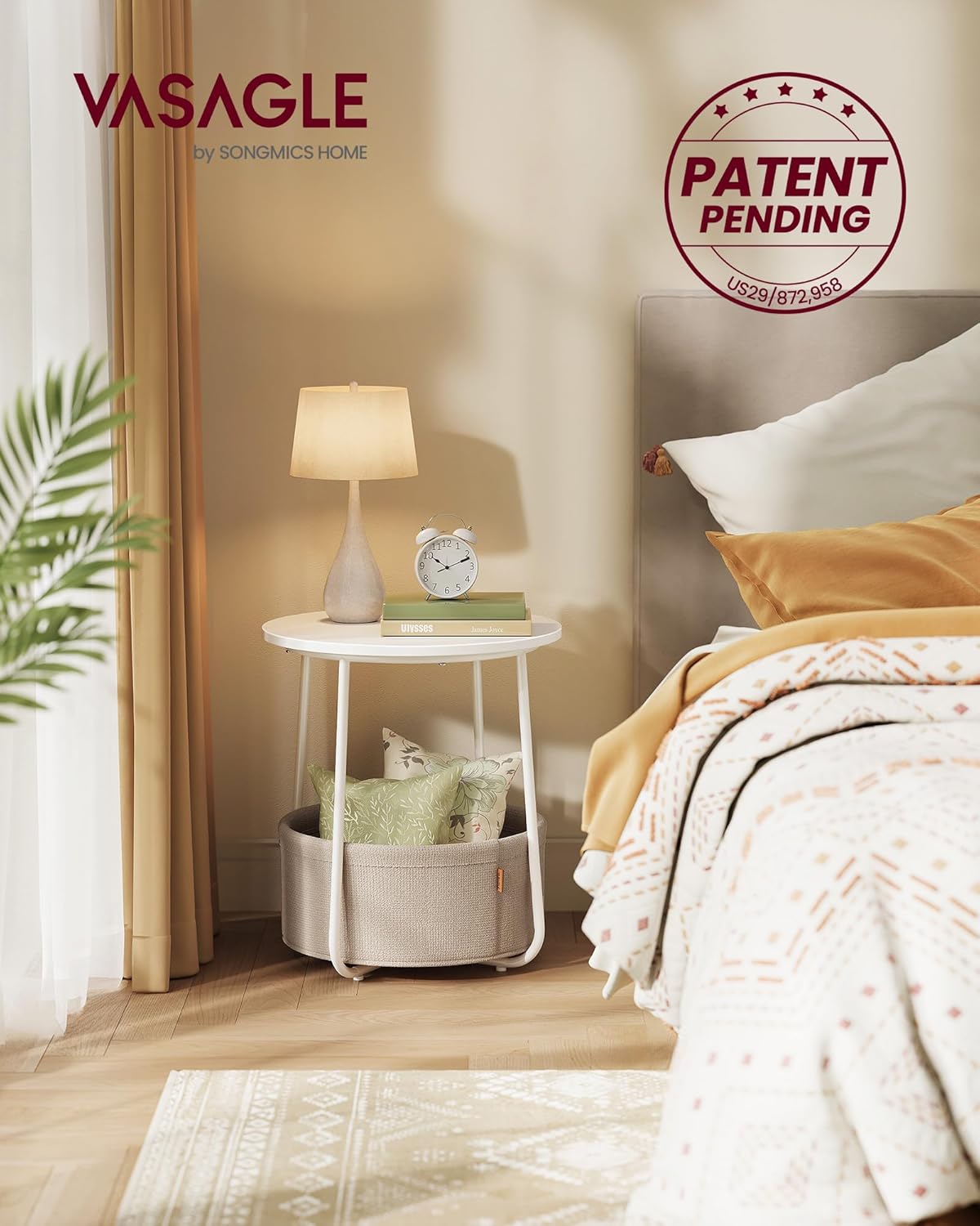 VASAGLE LILEA Collection - Small Round Side End Table, Modern Nightstand with Fabric Basket, Matte White and Camel Brown ULET223W10 - Image 5