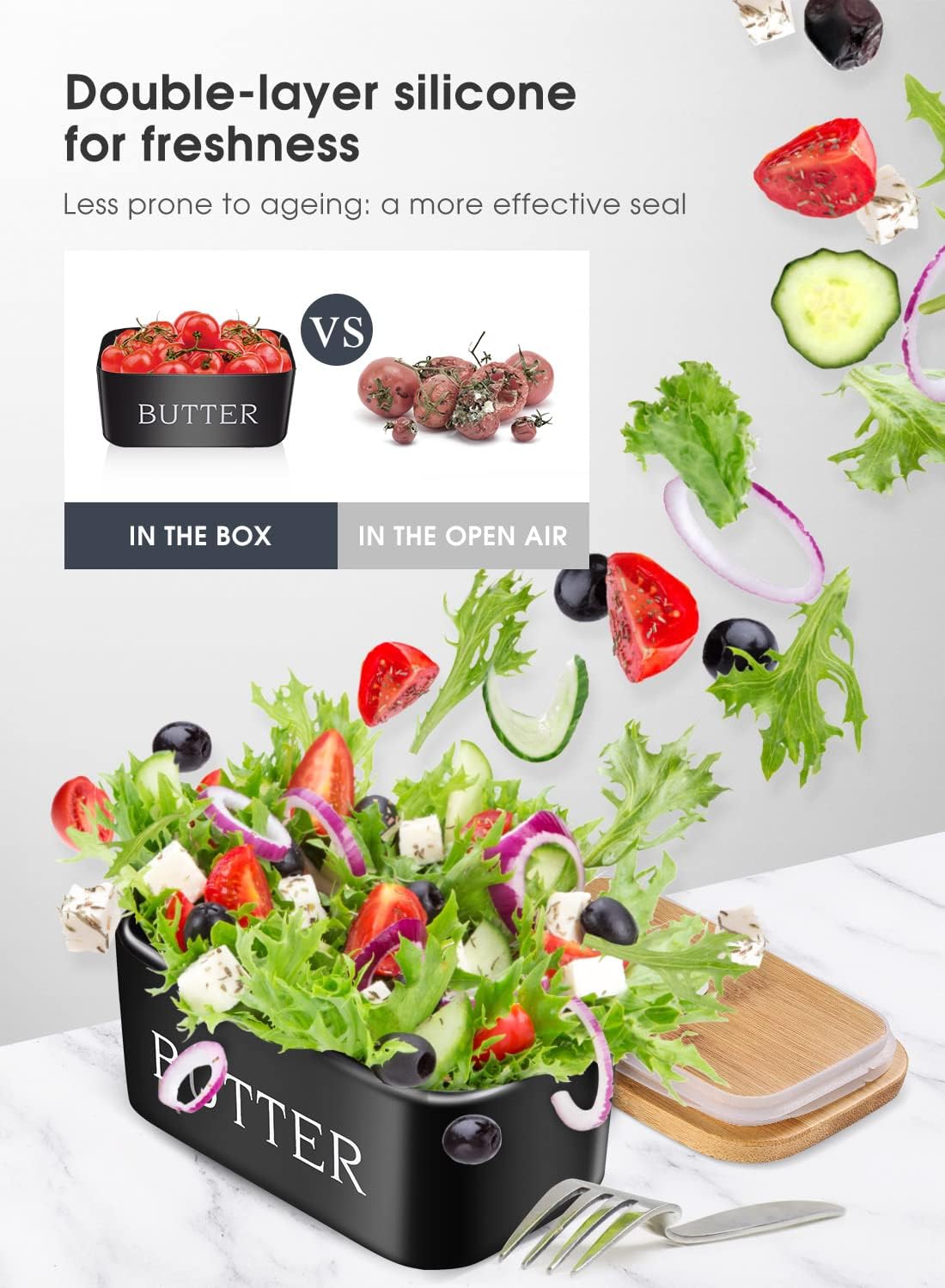 Butter Dish with Lid, Large Butter Dish for Countertop, Ceramic Butter Keeper Container with Knife and High-Quality Silicone Sealing Butter Box for Home Decor Good Kitchen Gift Black - Image 6