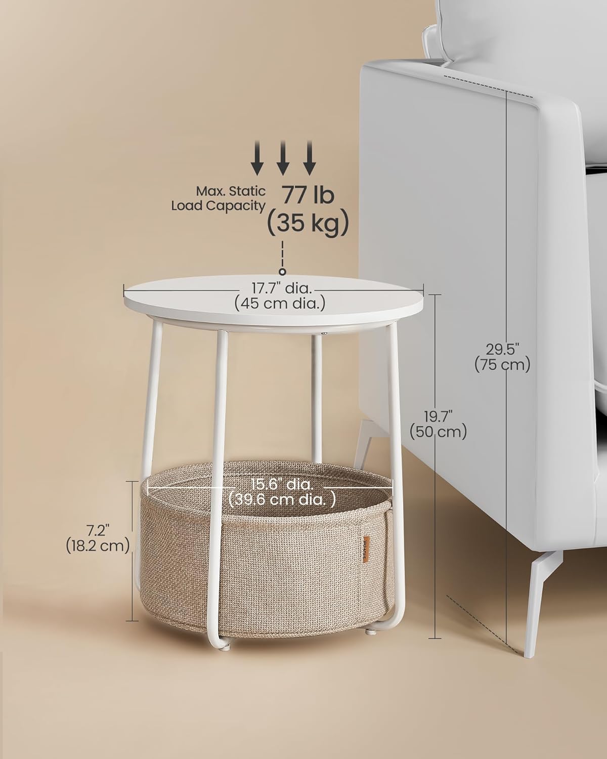 VASAGLE LILEA Collection - Small Round Side End Table, Modern Nightstand with Fabric Basket, Matte White and Camel Brown ULET223W10 - Image 4