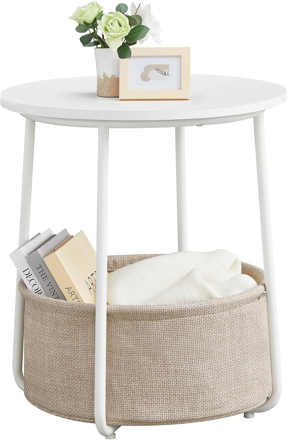 VASAGLE LILEA Collection - Small Round Side End Table, Modern Nightstand with Fabric Basket, Matte White and Camel Brown ULET223W10 - Image 2