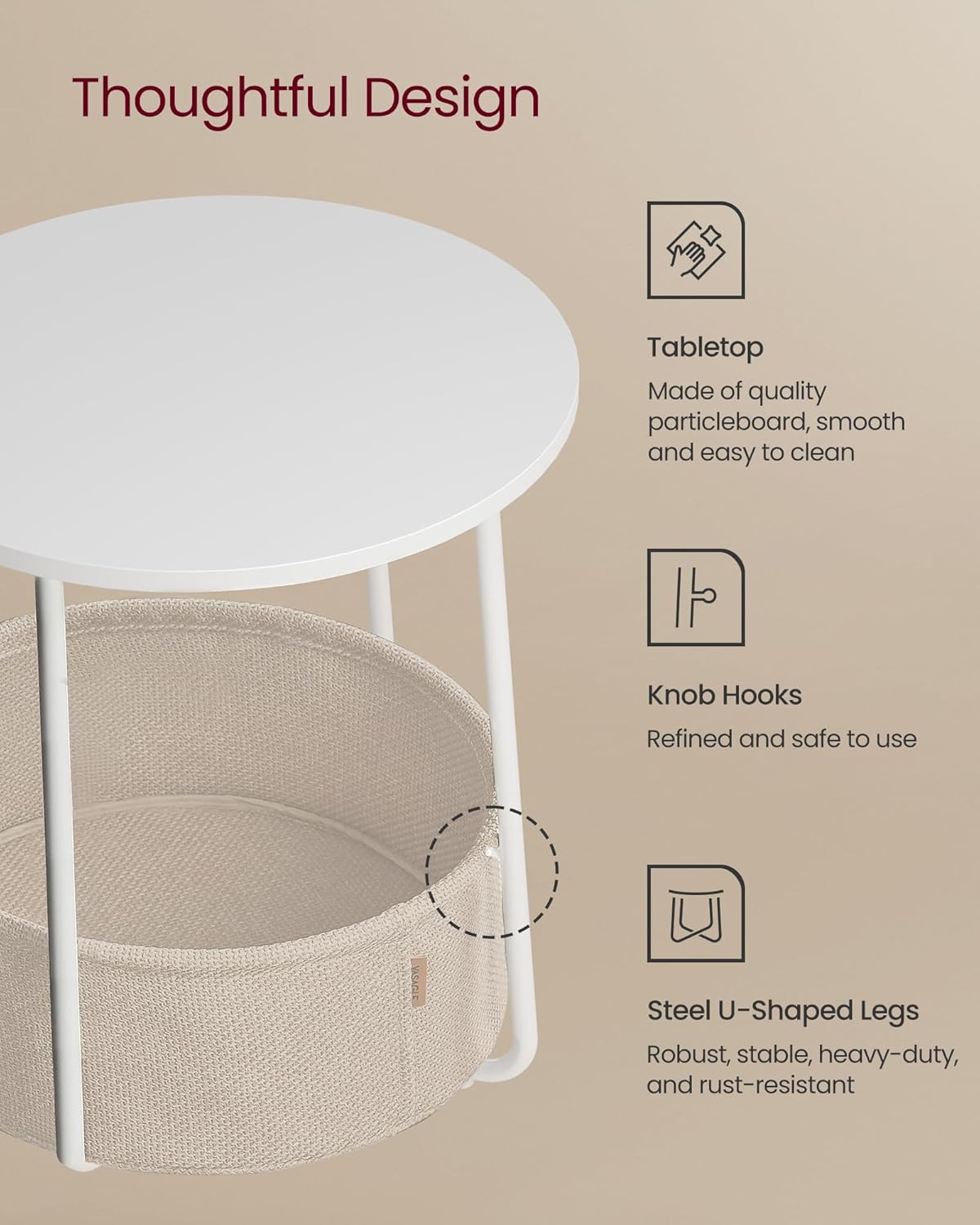 VASAGLE LILEA Collection - Small Round Side End Table, Modern Nightstand with Fabric Basket, Matte White and Camel Brown ULET223W10 - Image 6