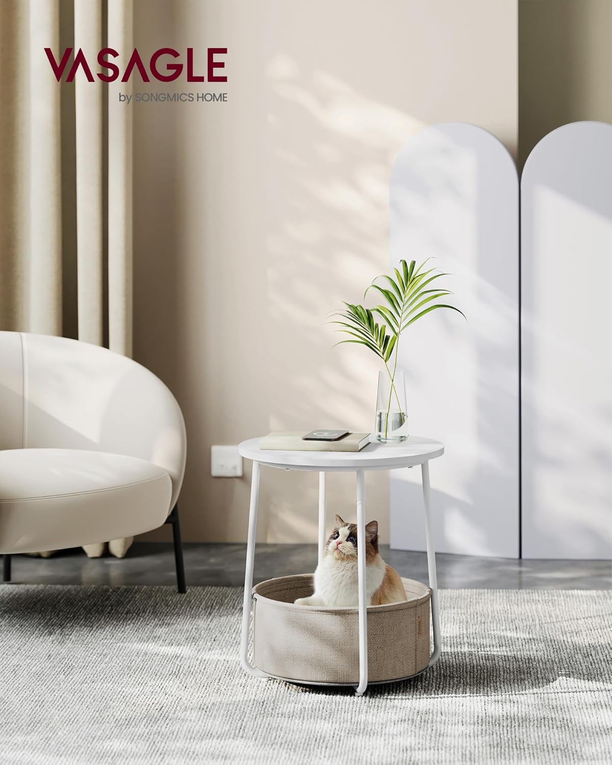 VASAGLE LILEA Collection - Small Round Side End Table, Modern Nightstand with Fabric Basket, Matte White and Camel Brown ULET223W10 - Image 3